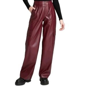 Wild Fable High Rise Straight Leg Faux Leather Burgundy Cargo Pants Size XS